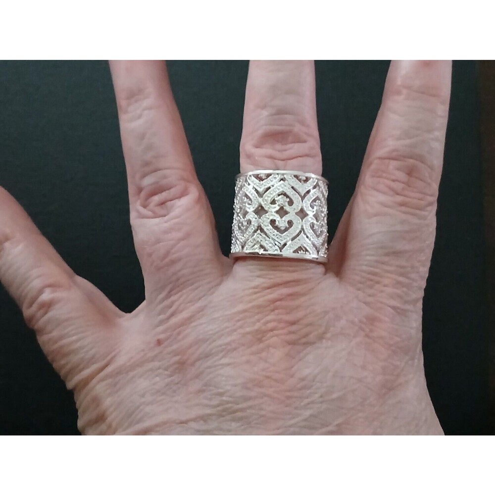 925 Sterling Silver Tall Cuff Style Cigar Band Heart Ring Open Filigree Boho